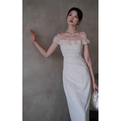 鹿与玫瑰新中式 复古一字肩白色连衣裙女气质高级订婚领证礼服裙子