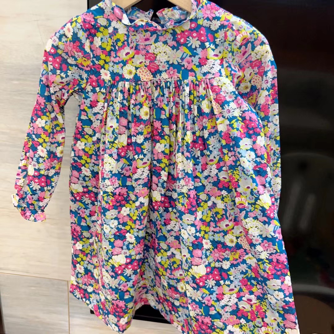 法国童装25春秋新款女大童棉liberty碎花长袖连衣裙4-12岁包邮