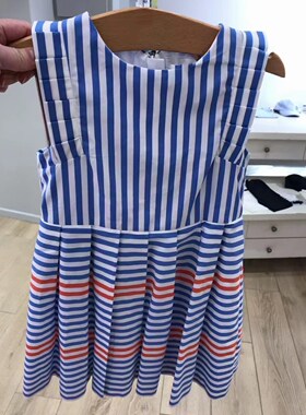 法国4岁5岁6岁J女童蓝色条纹连衣裙夏季荷叶边褶袖背心公主裙包邮