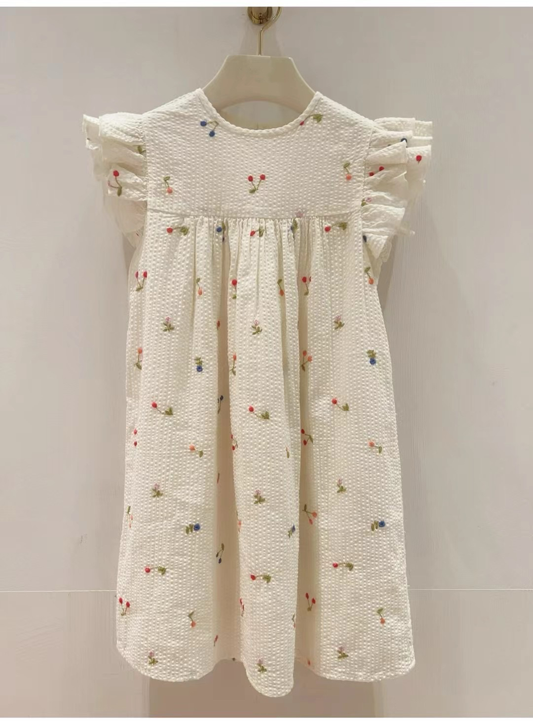 法单童装24夏装新款女大童樱桃绣花连衣裙儿童纯棉裙子4-14岁包邮