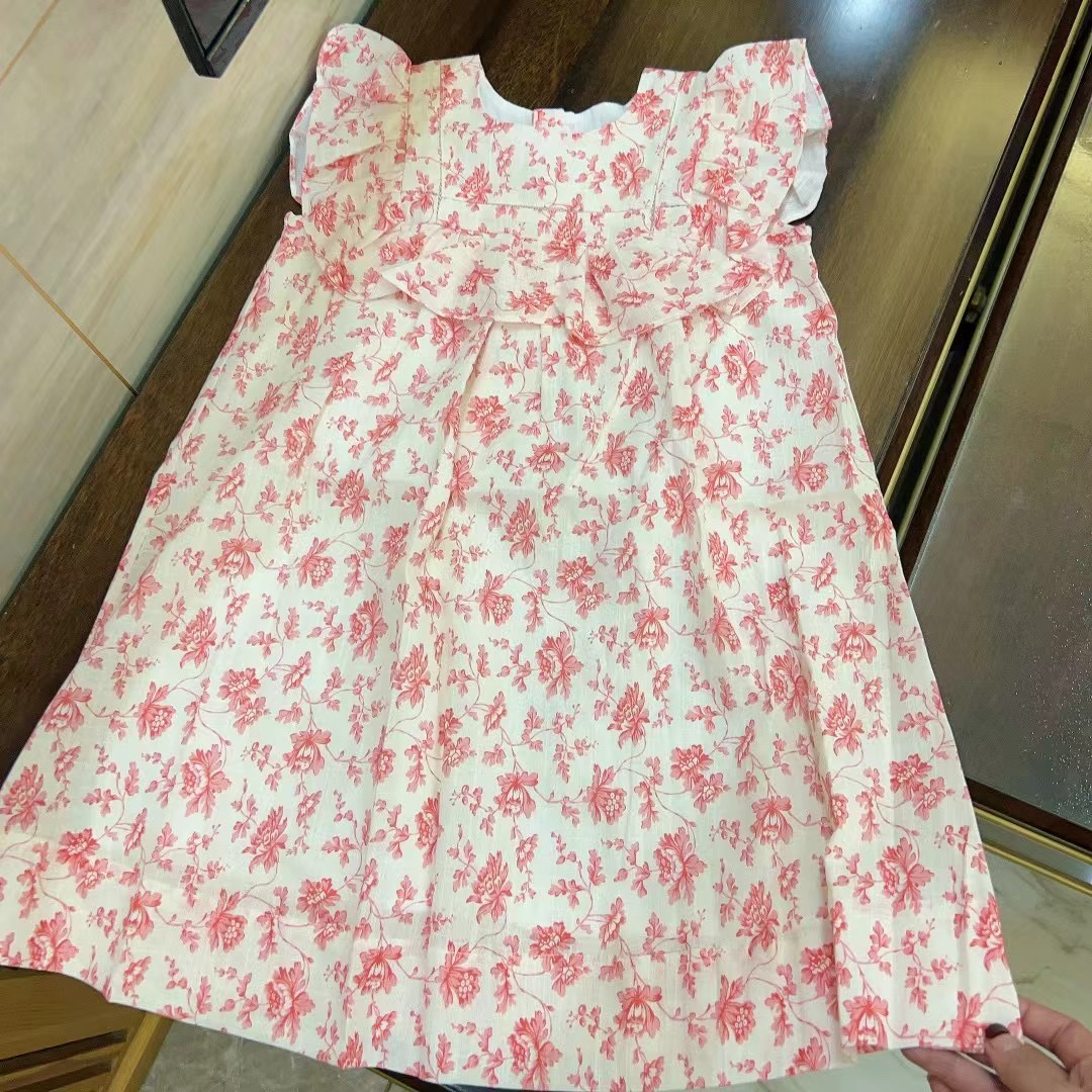 法单24夏新款童装女童红碎花礼服长裙连衣裙竹节棉中长款4-14包邮