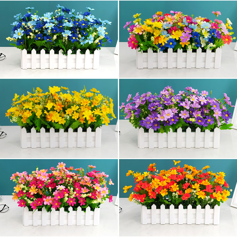 仿真雏菊花假绢布花桌面墙角遮挡仿真绿植盆栽摆件木质栅栏花套装