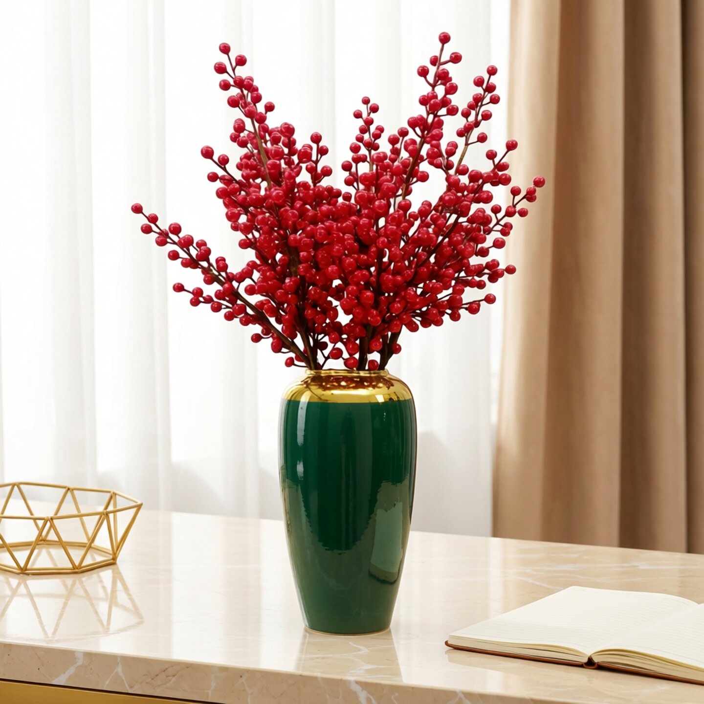 冬青果红果子发财果装饰品仿真花红色浆果红果幸运果客厅假花摆件