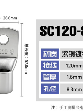 20只紫铜SC120-8/10/12/14/16窥口接线鼻子铜接头铜线耳接线端子