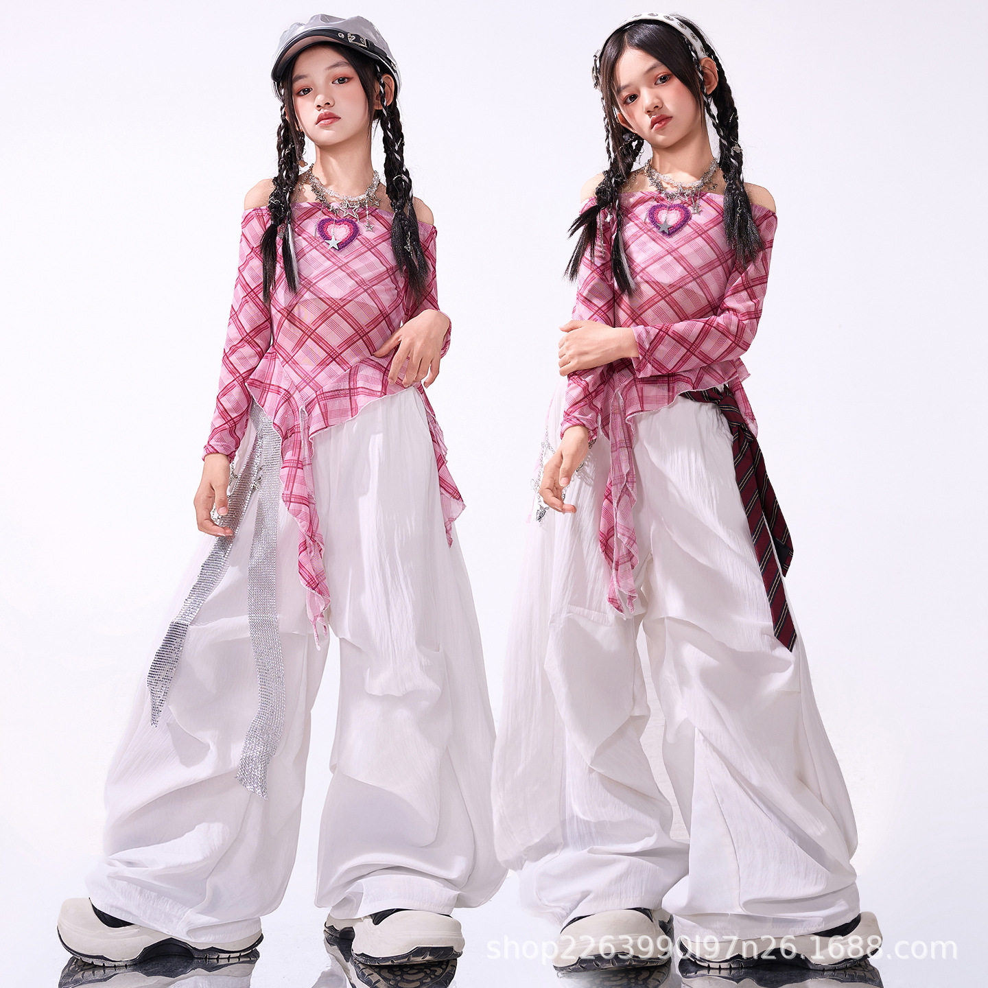 女童爵士舞服装潮酷时髦模特粉色上衣走秀潮服儿童演出表演服套装图片