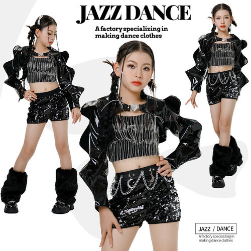 黑色朋克赛车服儿童模特T台走秀潮套装女童爵士舞服装打歌演出服