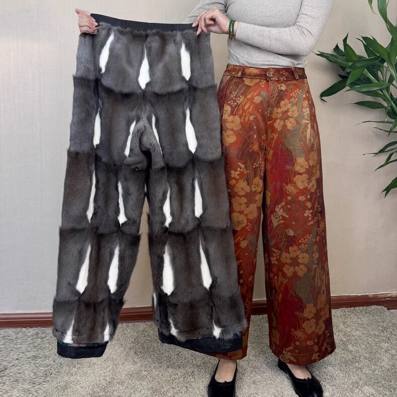 金狸貂皮毛一体裤子女貂皮棉裤高腰东北皮裤加绒加厚香云纱阔腿裤
