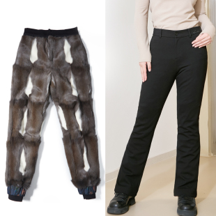 高腰微喇叭秋冬休闲裤 可拆卸金狸貂皮毛一体裤 子加绒加厚裘皮棉裤