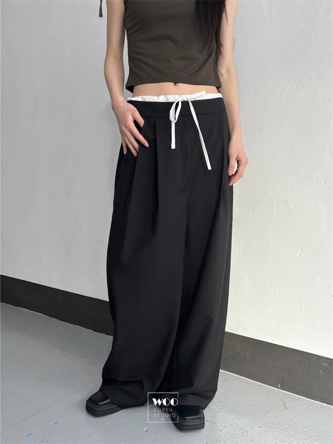 纯色西装休闲裤腰口撞色拼接