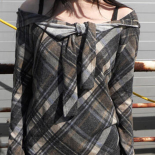 绑带蝴蝶结原宿格纹拼接露肩针织T恤 日系古早个性 Exclusive type