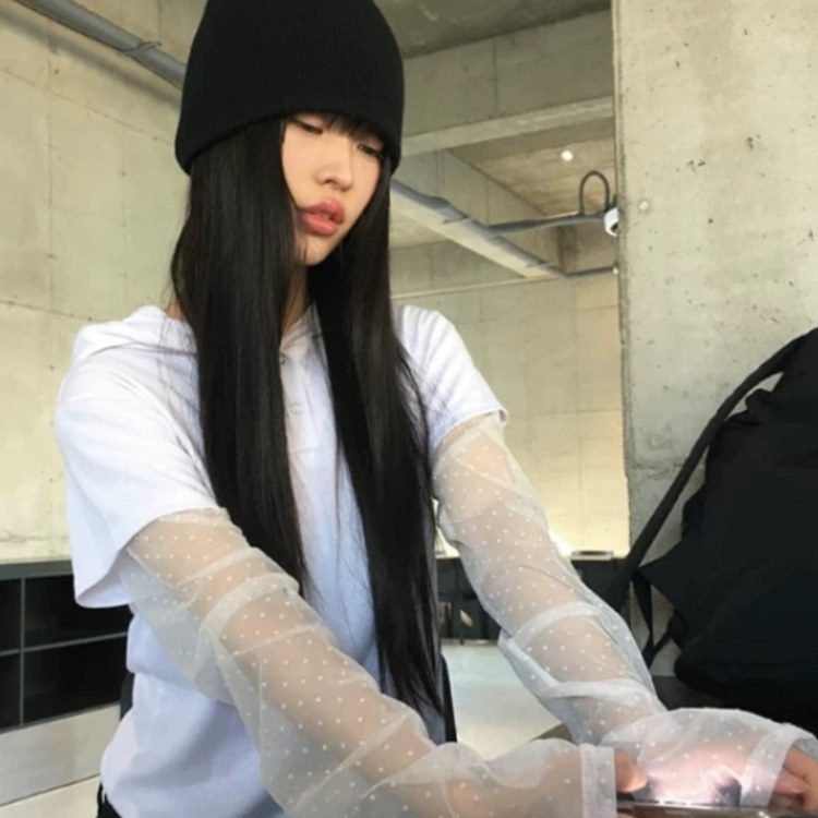 Exclusive type 小众街头千禧年复古短袖连帽波点网纱袖子假两件T