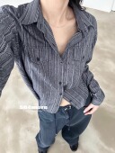 宽松衬衫 Exclusive 复古暗纹竖条纹口袋单排扣长袖 韩国个性 type