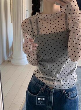 Exclusive type 韩国小众复古波点网纱透视叠穿轻薄圆领修身T恤女