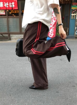 松紧腰直筒休闲裤撞色线条拼接