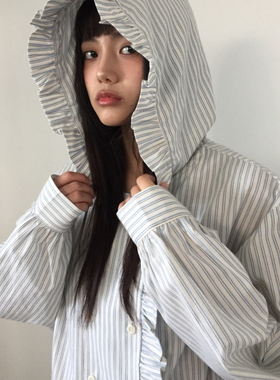 Exclusive type韩国个性减龄木耳花边连帽双排扣宽松条纹衬衫外套