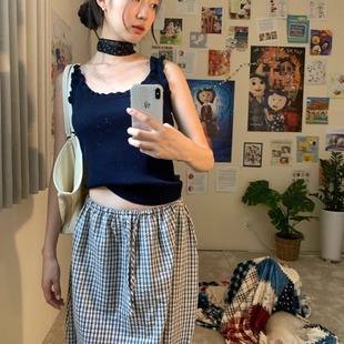 Exclusive 日系街头复古收口裙摆设计撞色格纹半身裙中裙女 type