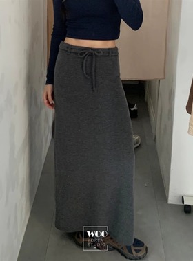 Exclusive type 韩国气质简约个性腰带绑带高腰显瘦拖地裙半身裙