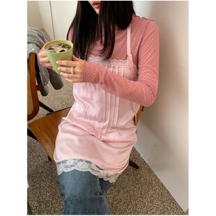 Exclusive type韩风温柔甜欲缎面光泽蕾丝拼接百搭显瘦吊带连衣裙