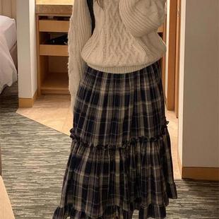 Exclusive 半身裙 type秋冬韩国复古磨毛格子荷叶边设计高腰中长款