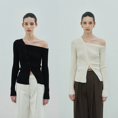不对称露肩修身女士长袖针织衫