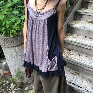 Exclusive type 韩国小众复古碎花拼接口袋宽松显瘦休闲吊带背心