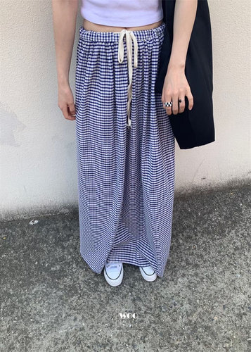 半身拖地裙格子撞色复古抽绳