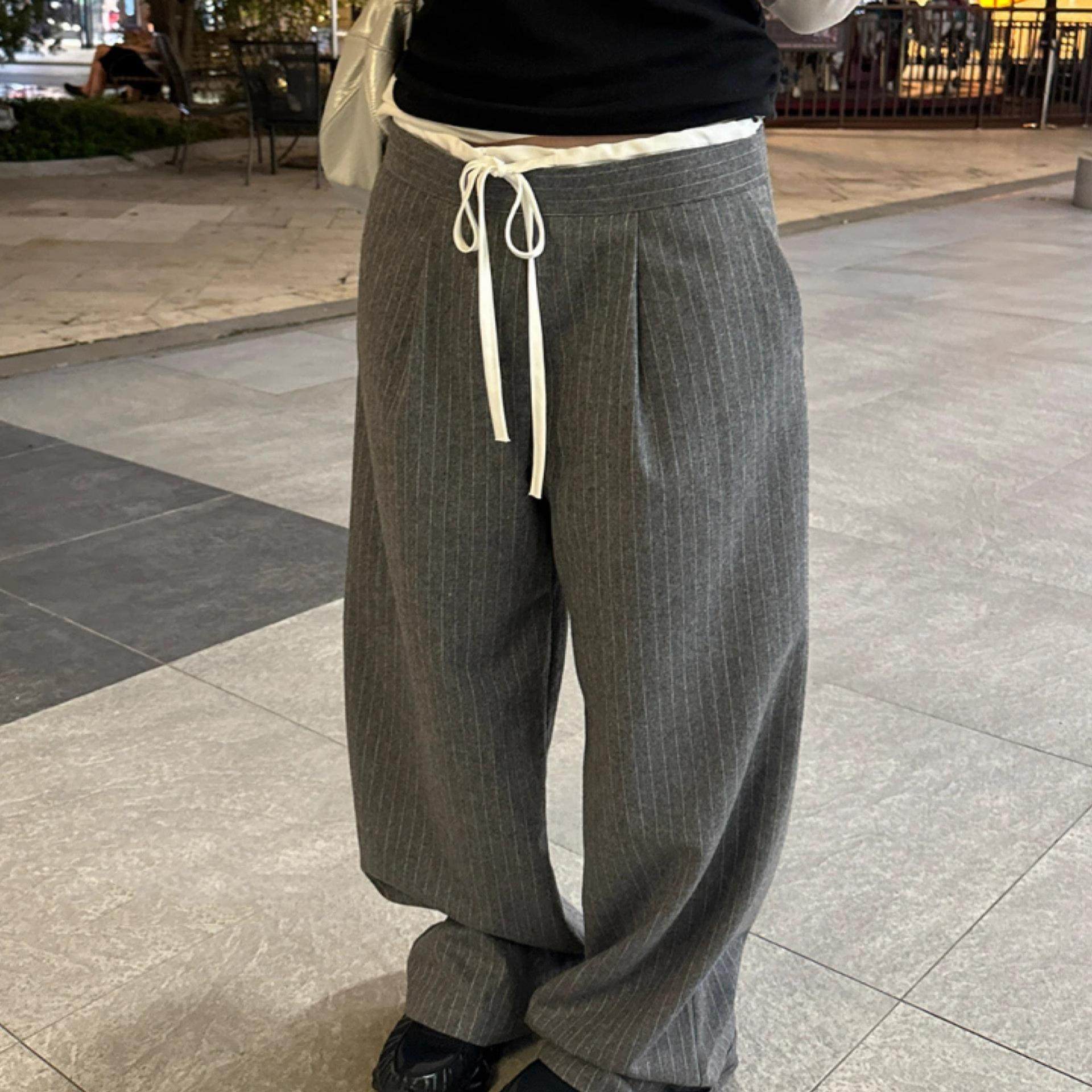 Exclusive type韩国小众设计竖条纹系带垂感羊毛厚实宽松休闲长裤,女装/女士精品,休闲裤,淘宝优惠券,粉丝福利购,淘宝优惠卷