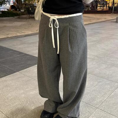 宽松休闲长裤竖条纹系带