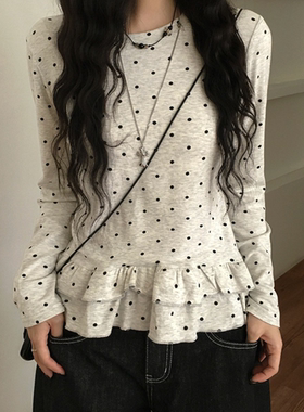 Exclusive type 韩国小众复古芭蕾风波点圆领荷叶边圆领长袖T恤女