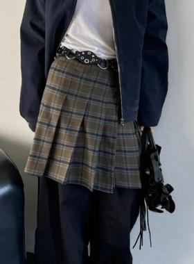 Exclusive type 韩国小众设计复古格纹褶皱系带式高腰短款半身裙