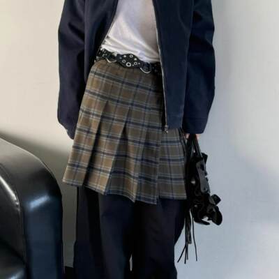 格纹褶皱系带式高腰短款半身裙