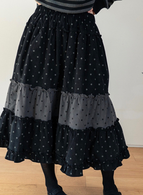 Exclusive type 日系复古减龄波点格纹拼接褶皱花边蛋糕裙半身裙