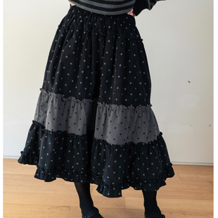 Exclusive 日系复古减龄波点格纹拼接褶皱花边蛋糕裙半身裙 type