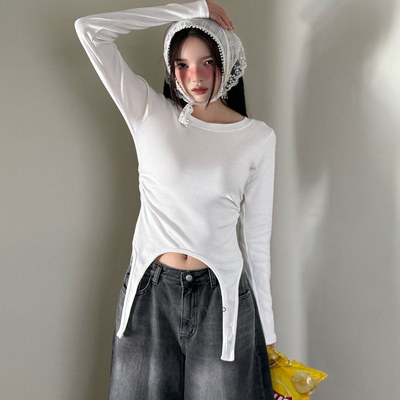 Exclusive type 韩国小众设计下摆挂带纯色圆领百搭显瘦长袖T恤女