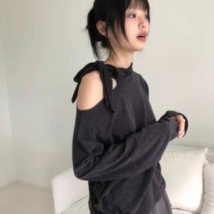 Exclusive type 韩版小众设计复古露肩绑带柔软贴肤长袖T桖上衣女