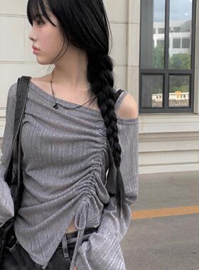 Exclusive type 韩国小众设计露肩系带微透抽绳褶皱长袖T恤上衣女