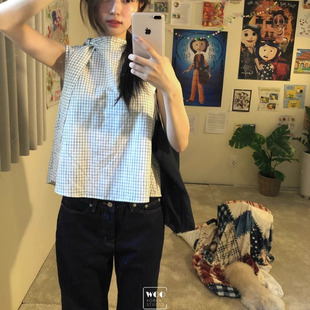 Exclusive type 夏日可爱减龄领口蝴蝶结绑带格子无袖衬衫背心女