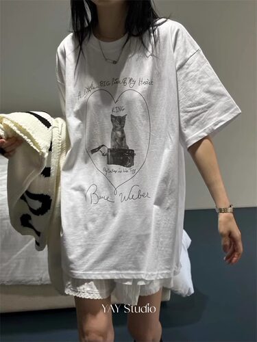 母印花圆领宽松短袖休闲T桖衫