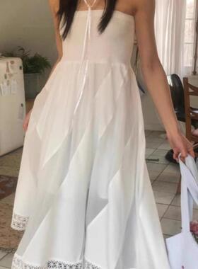 Exclusive type 韩国小众设计两穿半身裙暗纹白色抹胸高腰连衣裙