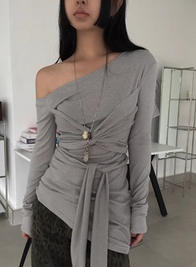 Exclusive type 韩国小众街头辣妹绑带大势漏肩设计修身长袖t恤女