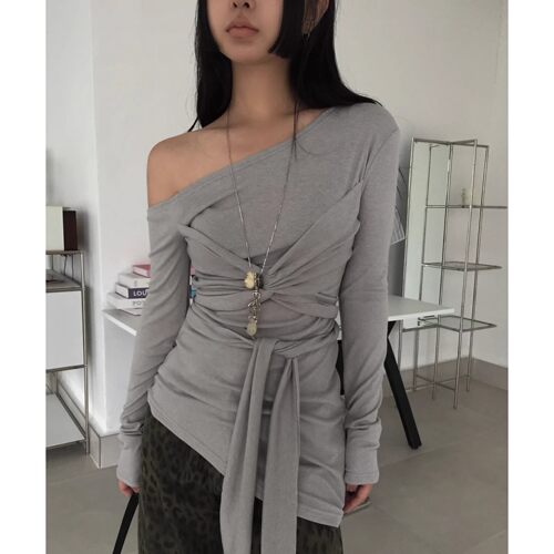 绑带大势漏肩设计修身长袖t恤女