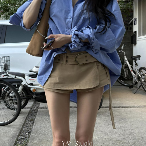 Exclusive type 韩国小众设计双排扣腰带百搭辣妹低腰休闲双裙裤