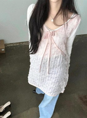 Exclusive type 韩国小众设计V领蝴蝶结绑带褶皱叠穿背心连衣裙女