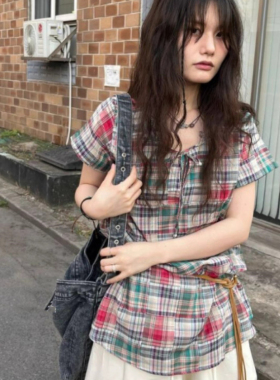 Exclusive type 日系混色复古撞色格纹百搭显瘦抽绳短袖衬衫上衣