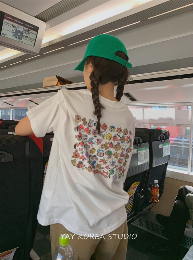exclusive type 新款简约后背可爱卡通动物头像印花宽松短袖t恤女