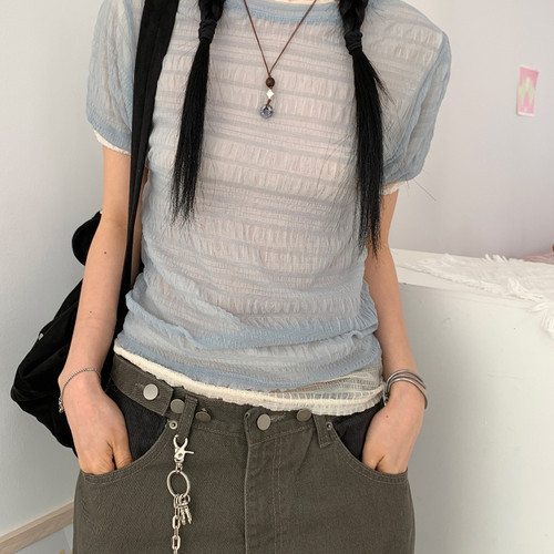 梦幻泡泡蕾丝网纱圆领短袖T