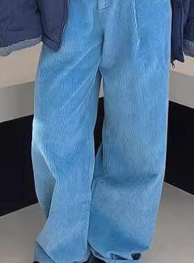 Exclusive type冬季韩版复古个性设计后松紧灯芯绒高腰阔腿休闲裤