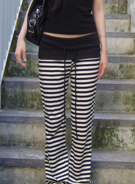Exclusive type 日系古早撞色条纹拼接腰部系带微喇叭柔软休闲裤
