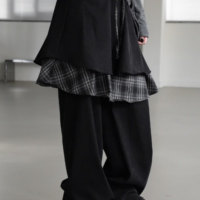 Exclusive type 韩国个性复古拼接格子裙摆宽松假两件长裤阔腿裤