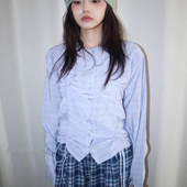 衬衫 韩国小众复古格纹绑带褶皱抽绳设计百搭长袖 type Exclusive